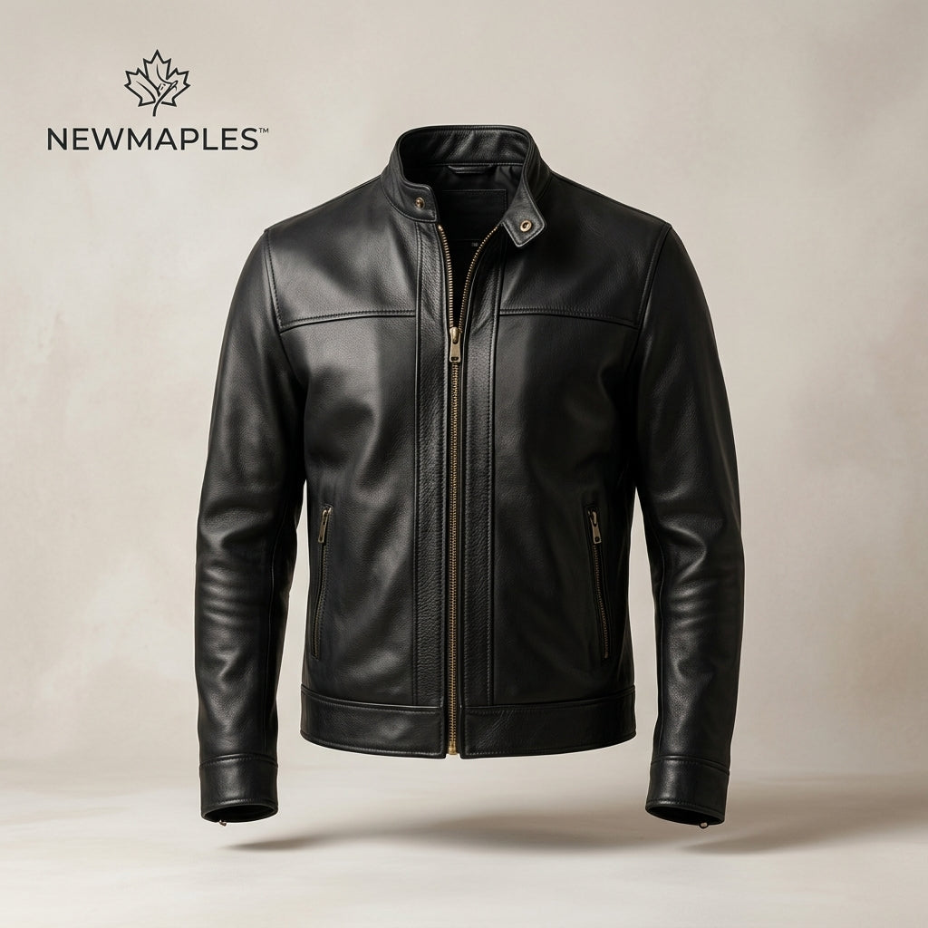 Newmaples™ Black Stand-Collar Leather Jacket