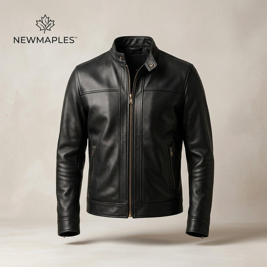 Newmaples™ Black Stand-Collar Leather Jacket